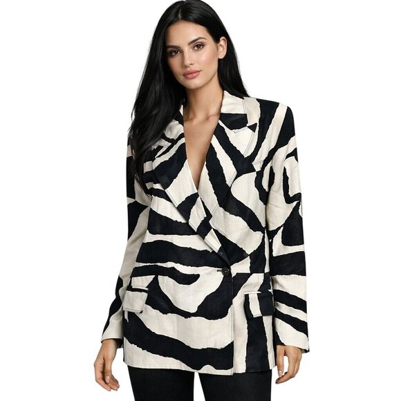 Zara Zebra Print Linen Blend Double-Breasted Blazer XS - Picture 3 of 10